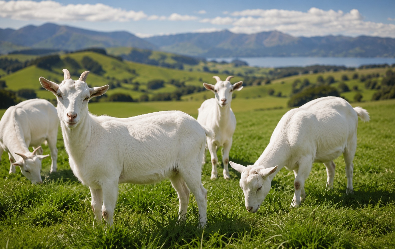 Healthy goats grazing in New Zealand pastures